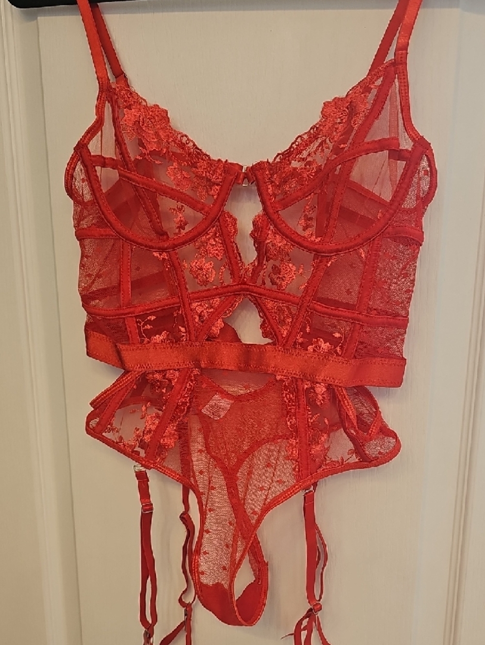 Red Lace Sheer Bodysuit with Garter Straps